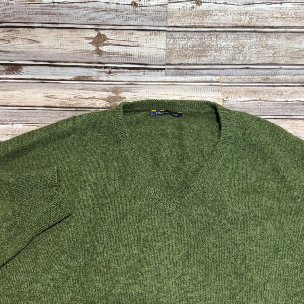 Estate Cashmere Sweater Mens XL Green V-Neck Long Sleeve Solid Soft Pullover
